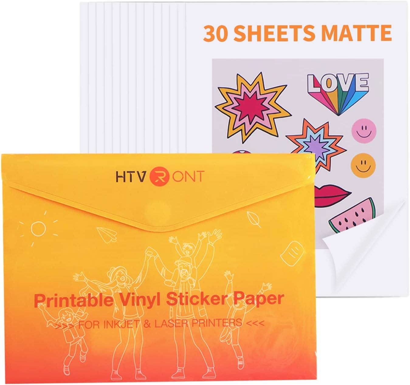 HTVRONT Printable Vinyl Sticker Paper – 30 Sheets Waterproof Matte Sticker Paper