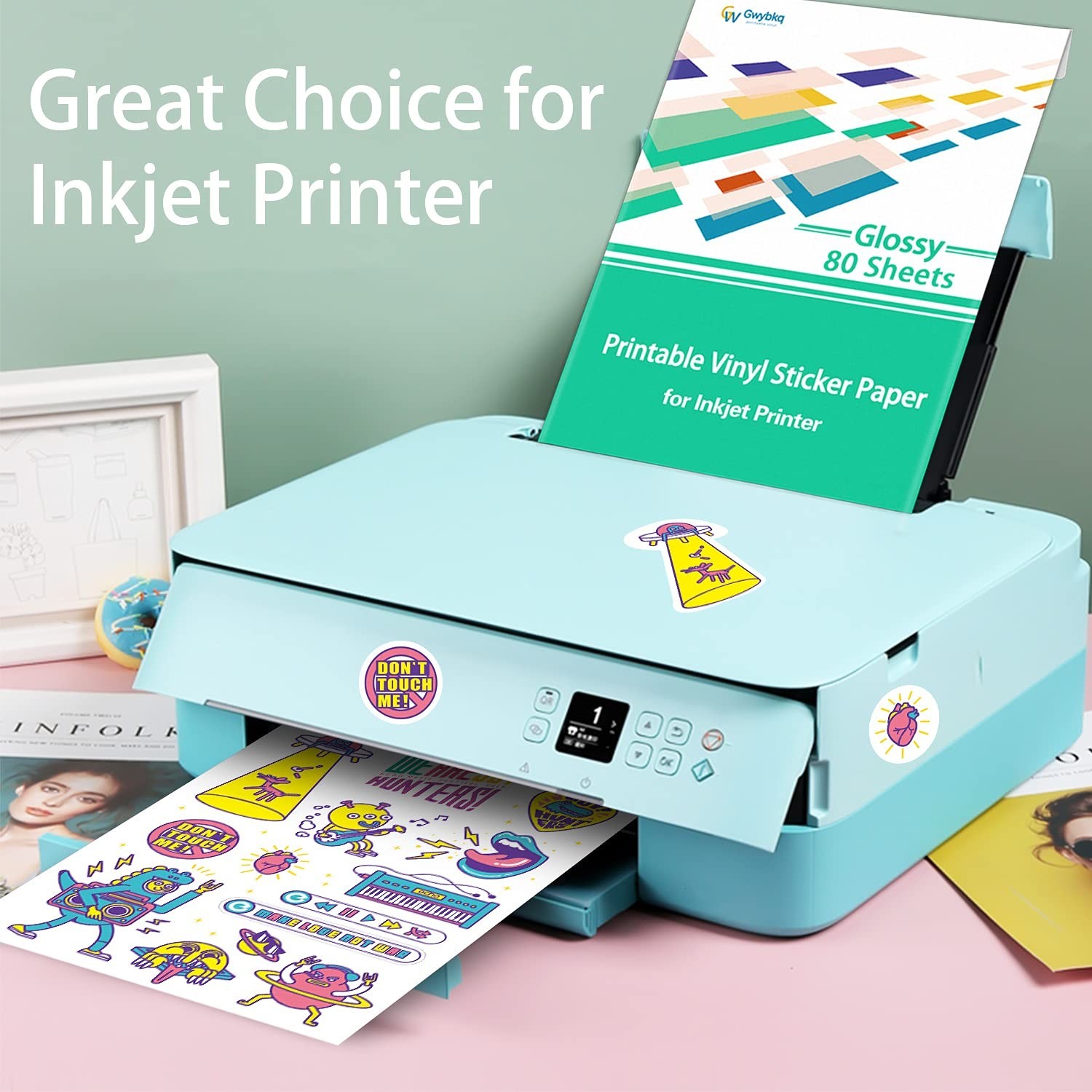 Gwybkq Glossy Sticker Paper Printable Vinyl for Inkjet Printer, 80 Sheets Lab…