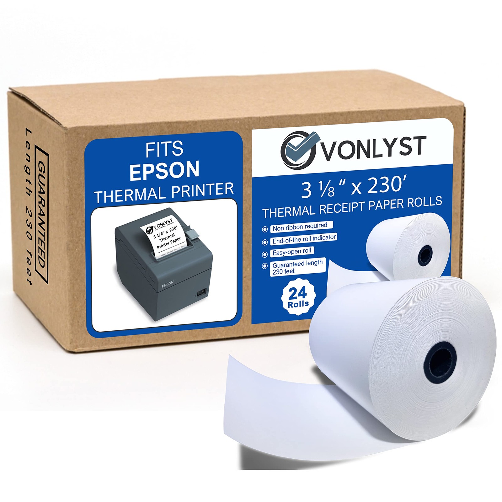 Vonlyst 3 1/8 x 230 Thermal Paper 24 rolls, White Black Image