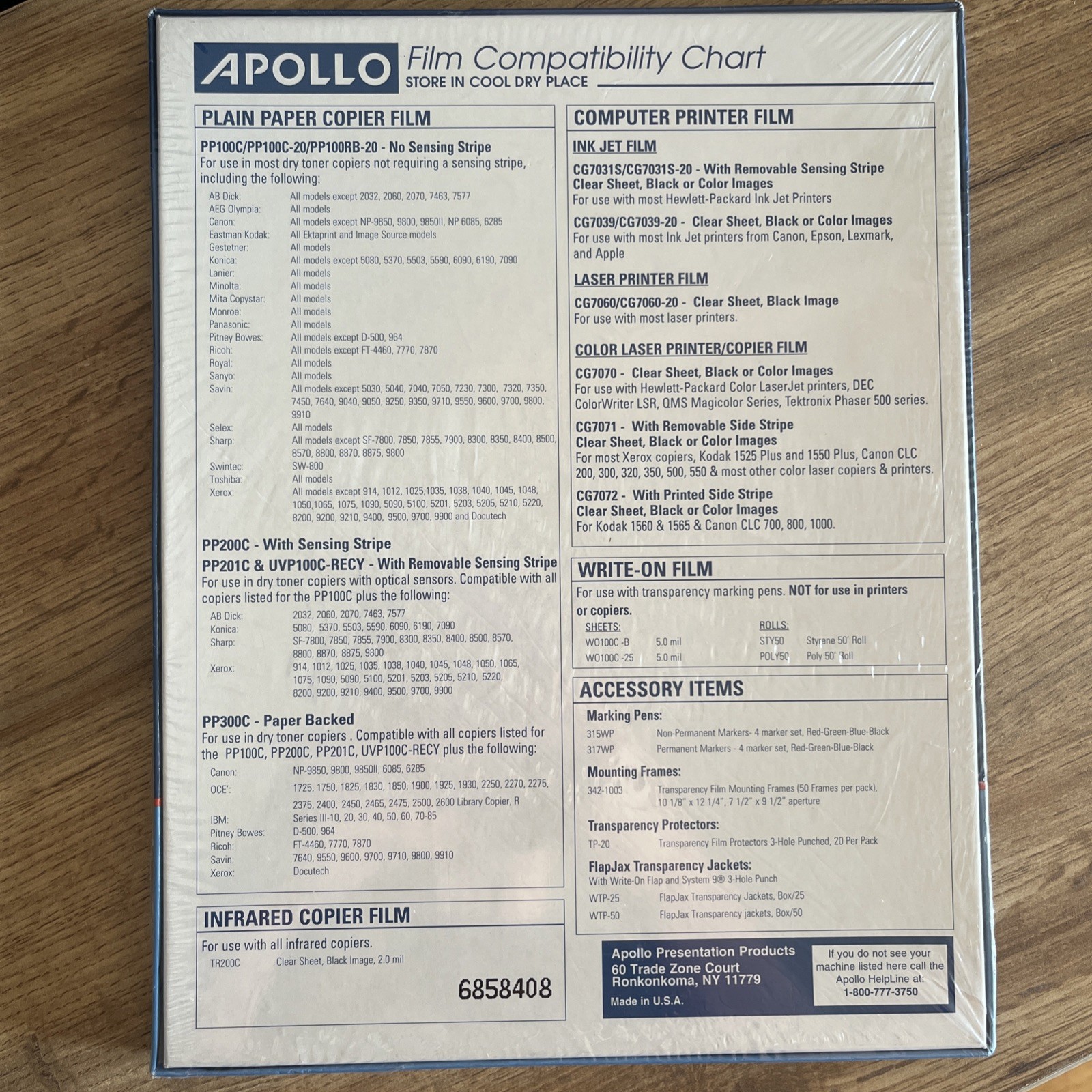 Apollo Ink Jet Transparency Film CG7031S for HP Printers 50 Sheets 8.5×11 Clear