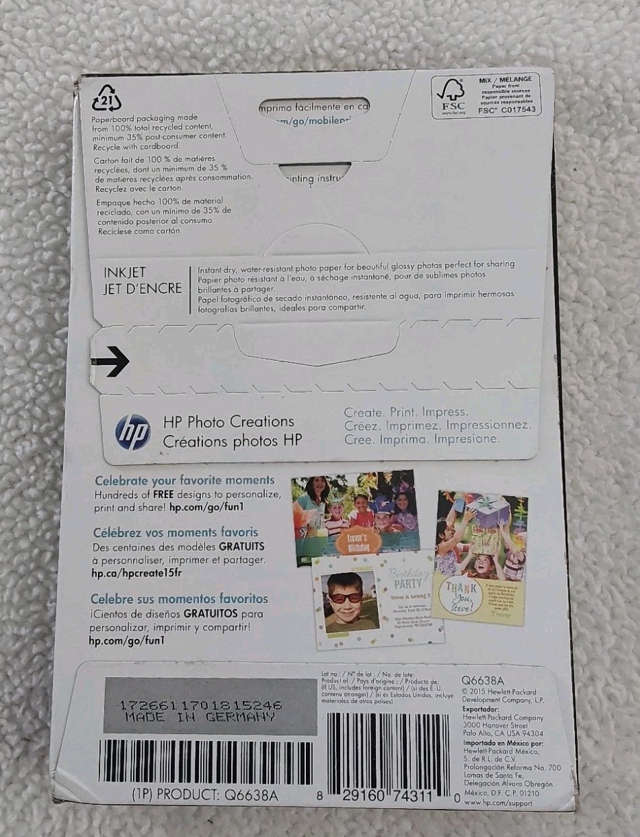 HP Advanced Photo Glossy Q6638A Paper 100 Sheets 4″x6″ 66lb All InkJet Printers