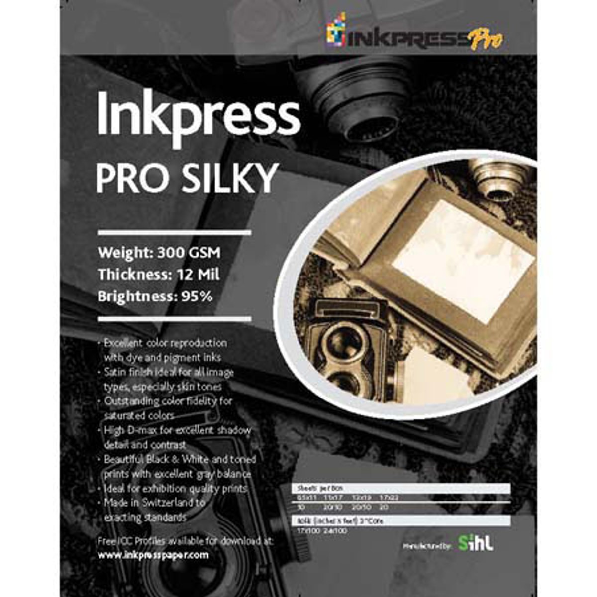 Inkpress Pro Silky Inkjet Photo Paper, 300gsm, 12mil, 95% Bright, 13×19″, 50 She