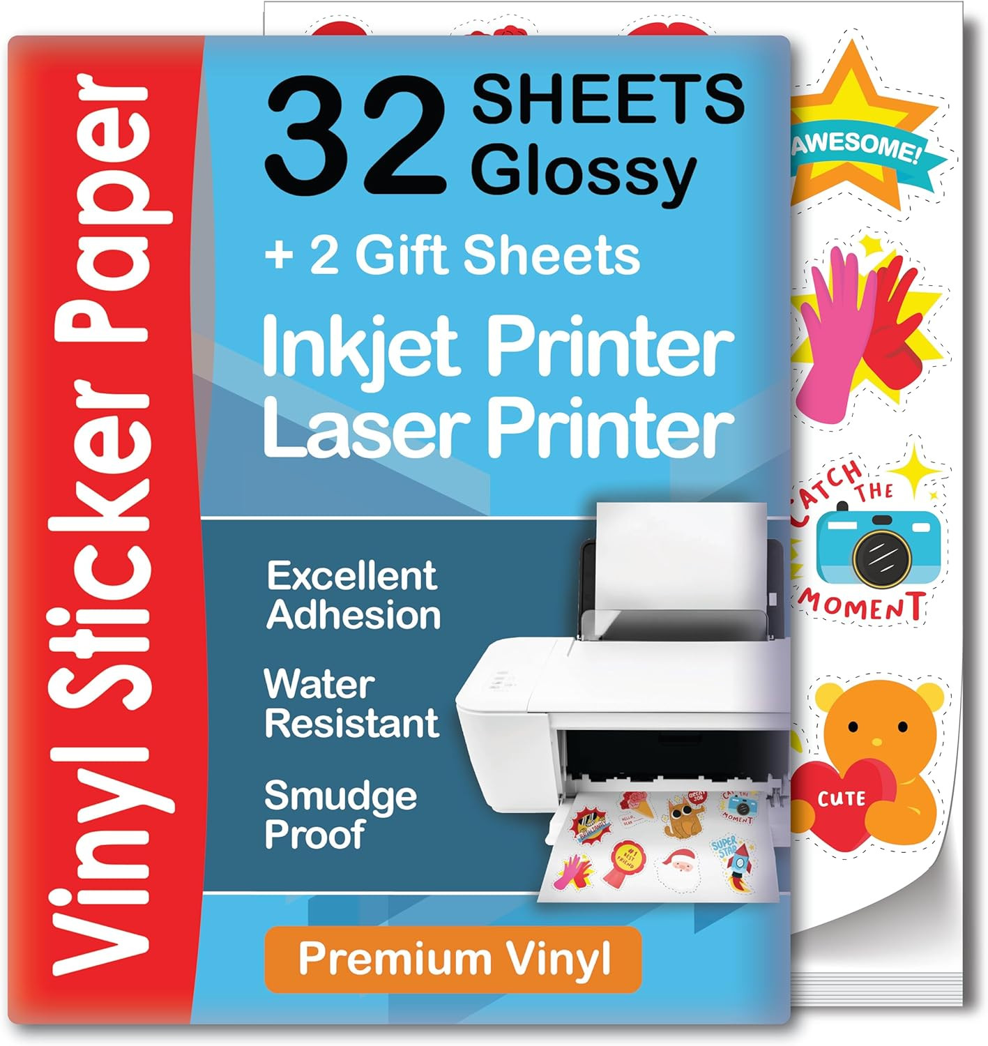 Papel Adhesivo Vinilo Brillante 32 Hojas para Impresora Inkjet Laser Impermeable