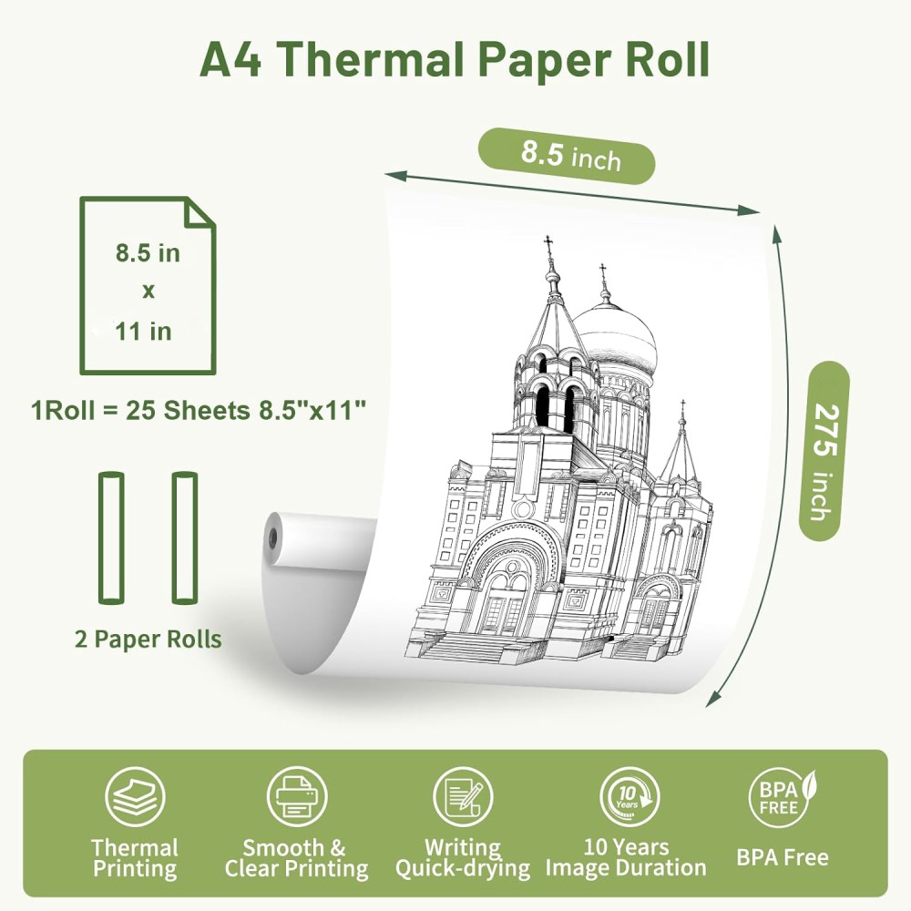 2/4/6/8 Rolls A4 Thermal Printer Paper 8.5″x11″ Letter Size for Portable Printer