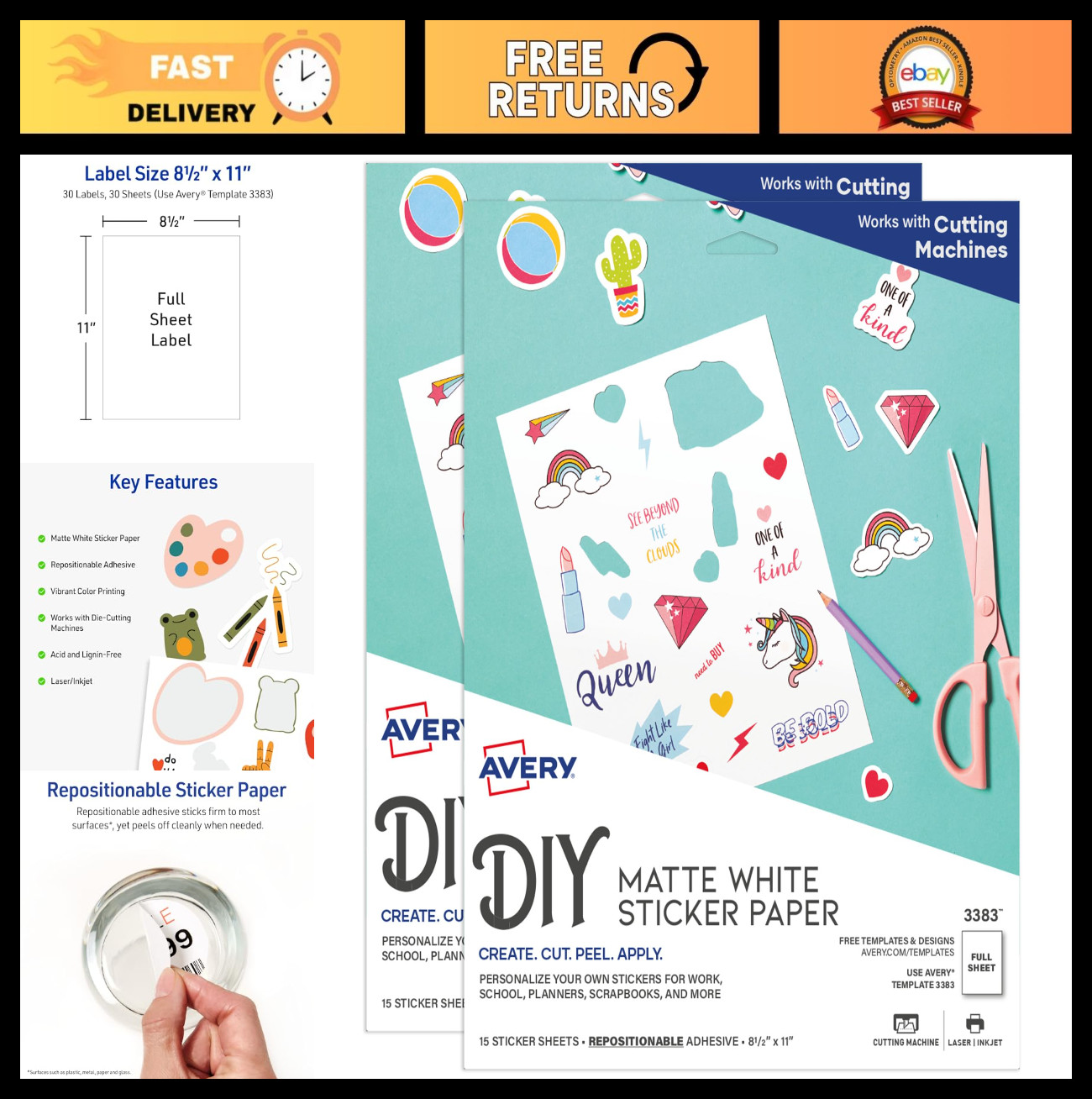 Printable Sticker Paper 8.5″x11″ Matte White, Repositionable Adhesive, 30 Sheets