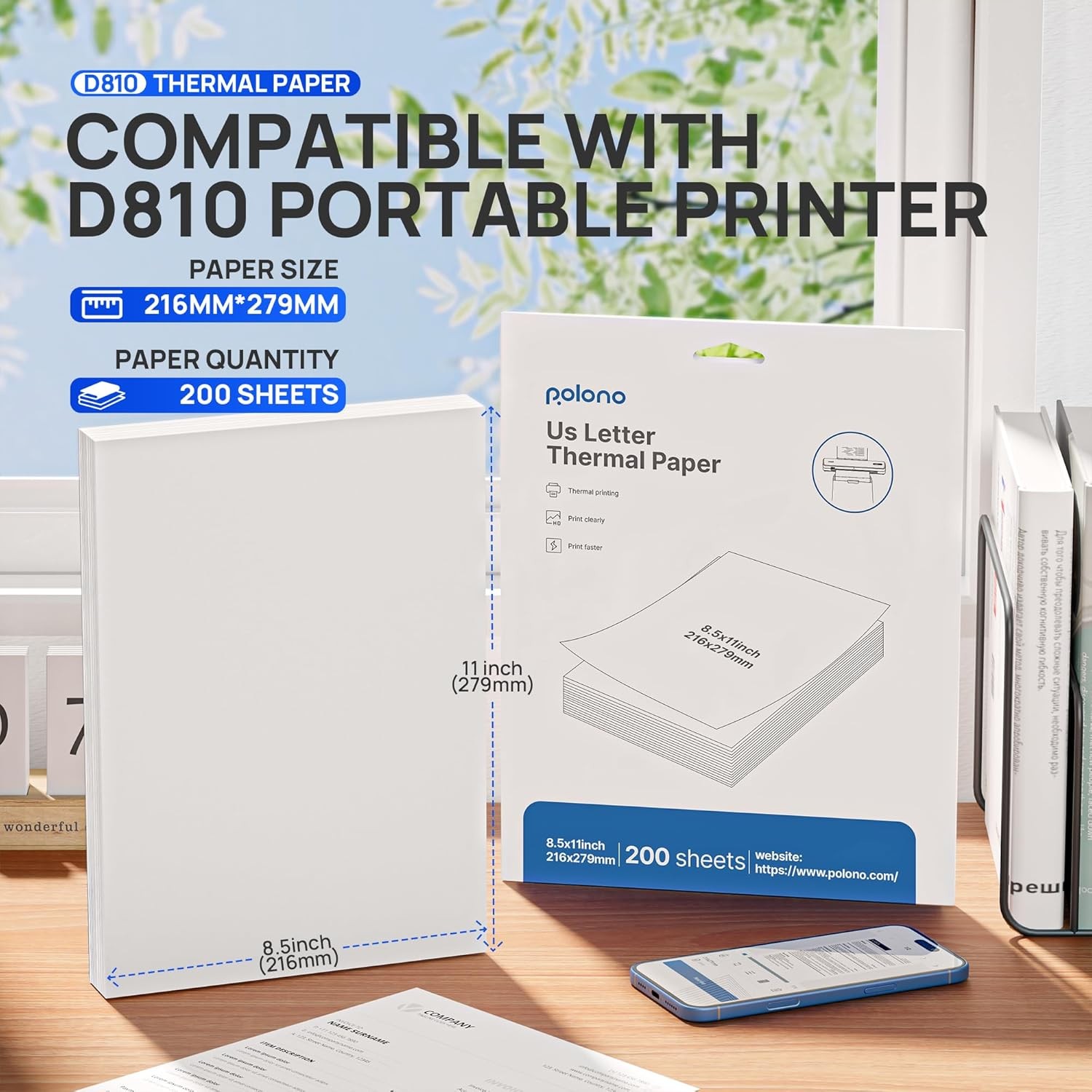 POLONO D810 Thermal Printer Paper 8.5 x 11 Inch, Advanced 200 Sheets, white
