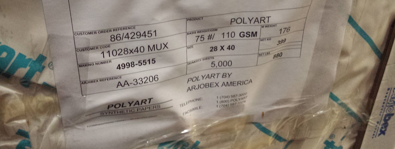 Pallet of Polyart Synthetic Paper 28 x 40 Qty 5000 Sheets 110 GSM M weight 176