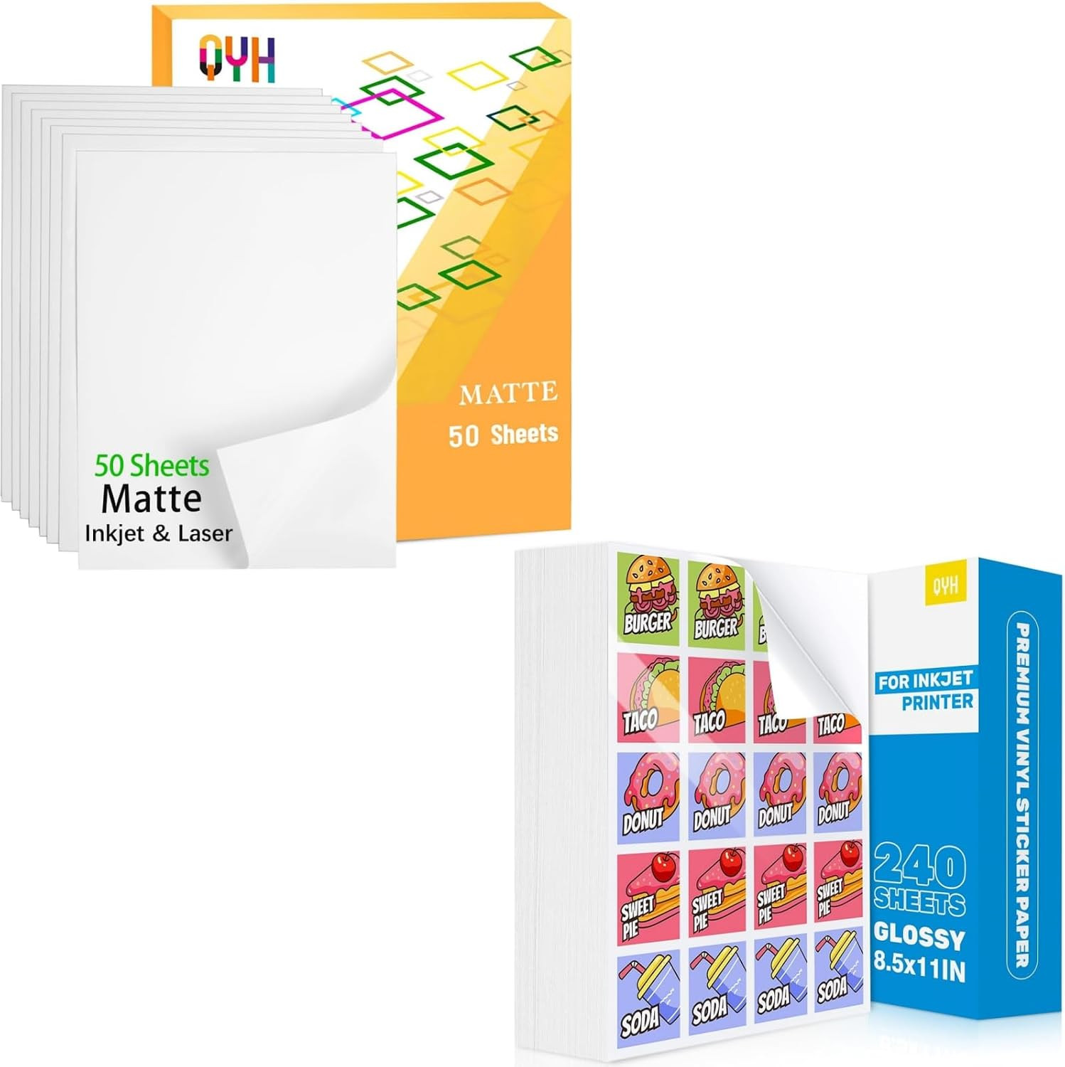 QYH Printable Sticker Paper for Inkjet/Laser Printer – 240 Sheets Glossy & 50 Sh