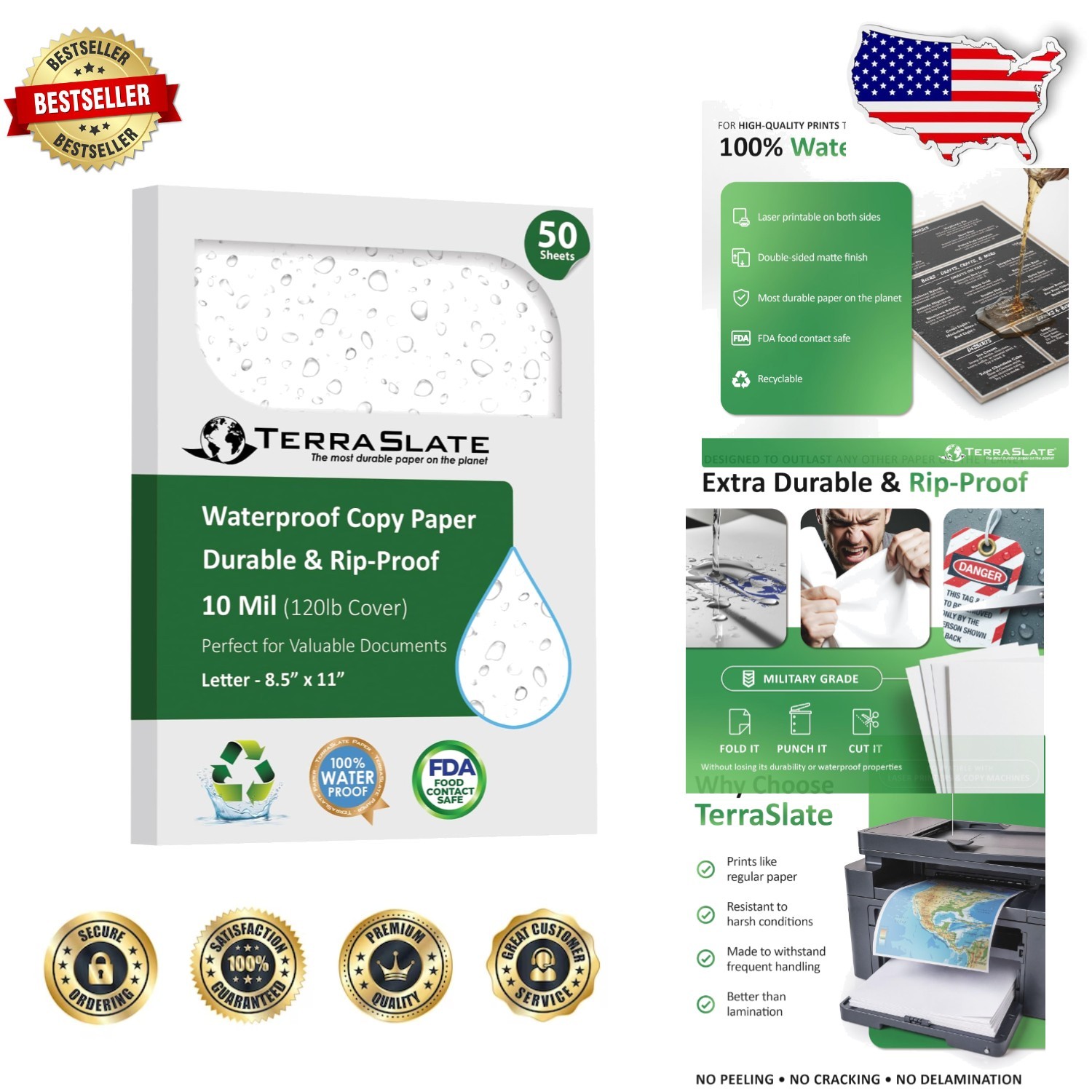 Bright White Waterproof Printer Paper 8.5×11, 50 Sheets, 10 MIL, Versatile Use