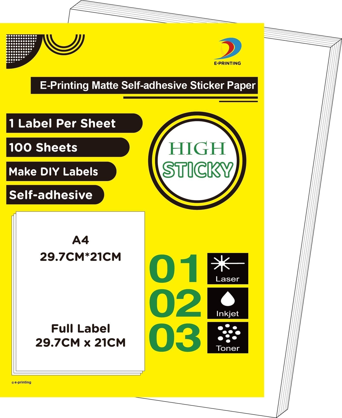 Pack of 100 Sheets-High Sticky Printable Matte Self Adhesive Full Sheet A4 St…