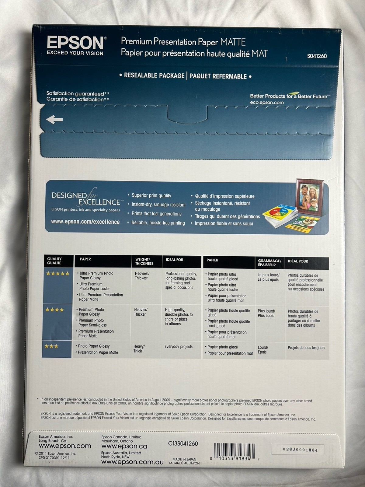 Epson Premium Presentation Paper Matte A3 11.7×16.5 165gsm 50 Sheets S041260