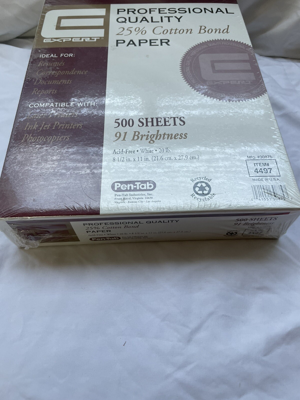500 Sheets Expert 25% Cotton Bond White Paper 8.5” x 11” New