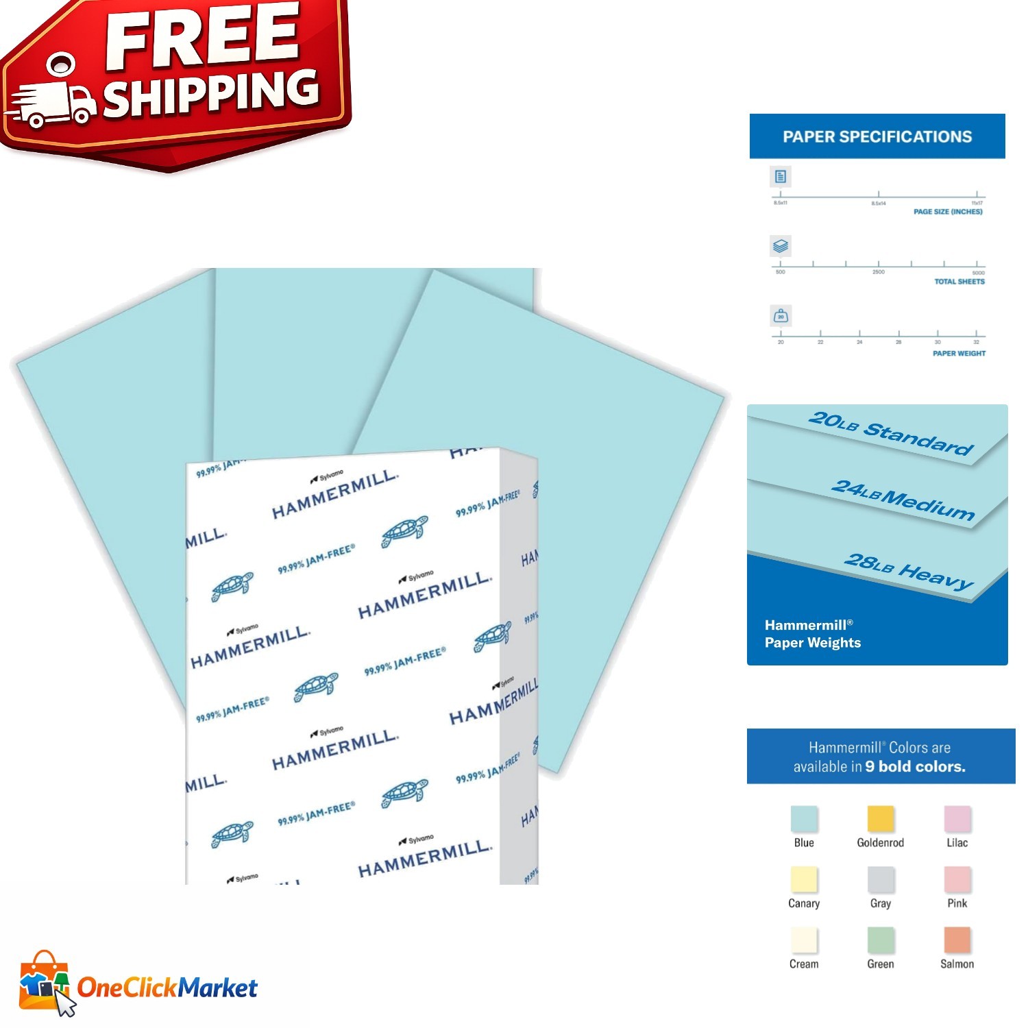 500 Sheets of 20 lb Blue Colored Paper – Smooth & High Opacity for Printing