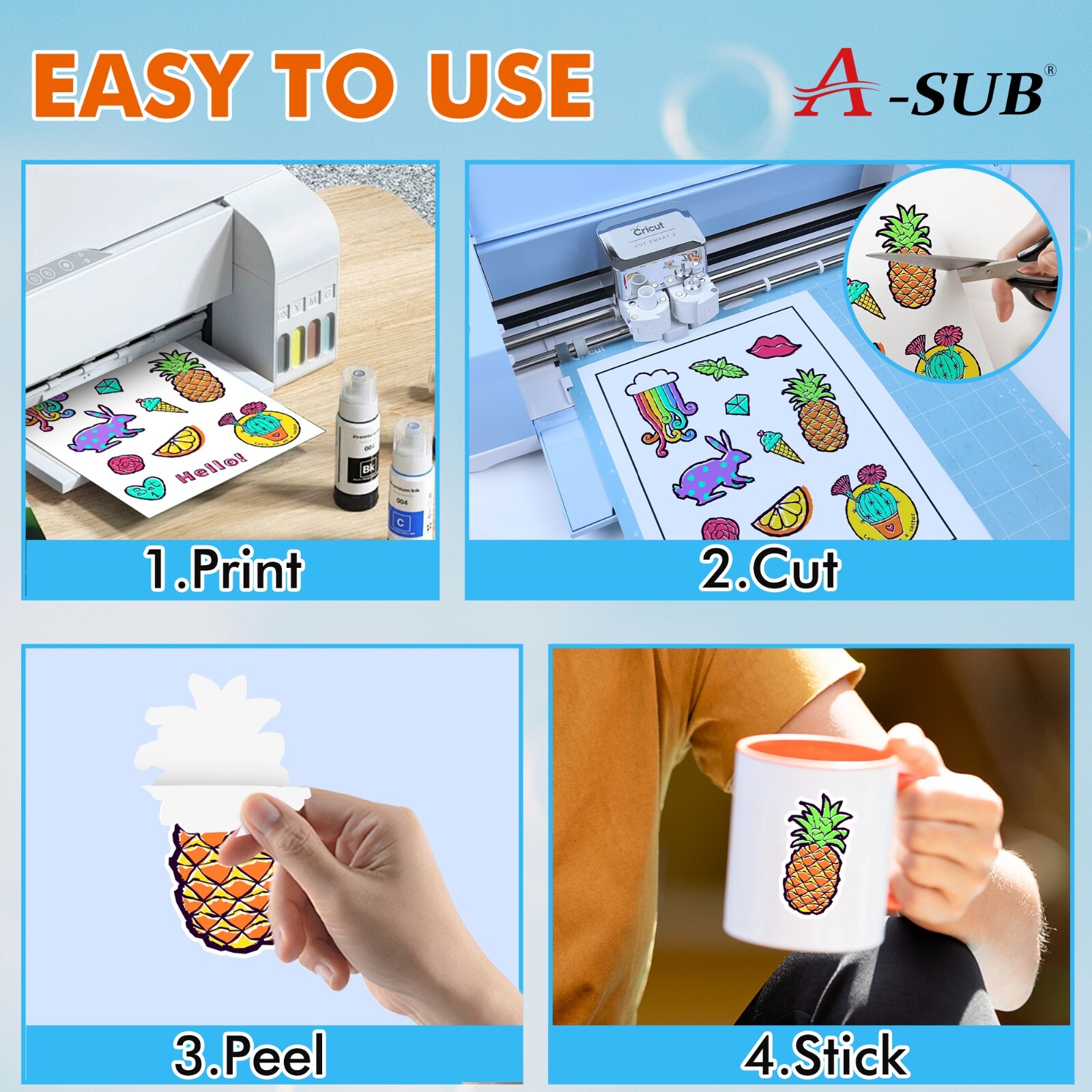 200 Sheets A-SUB Printable Vinyl Sticker Paper for Inkjet Waterproof Matte White