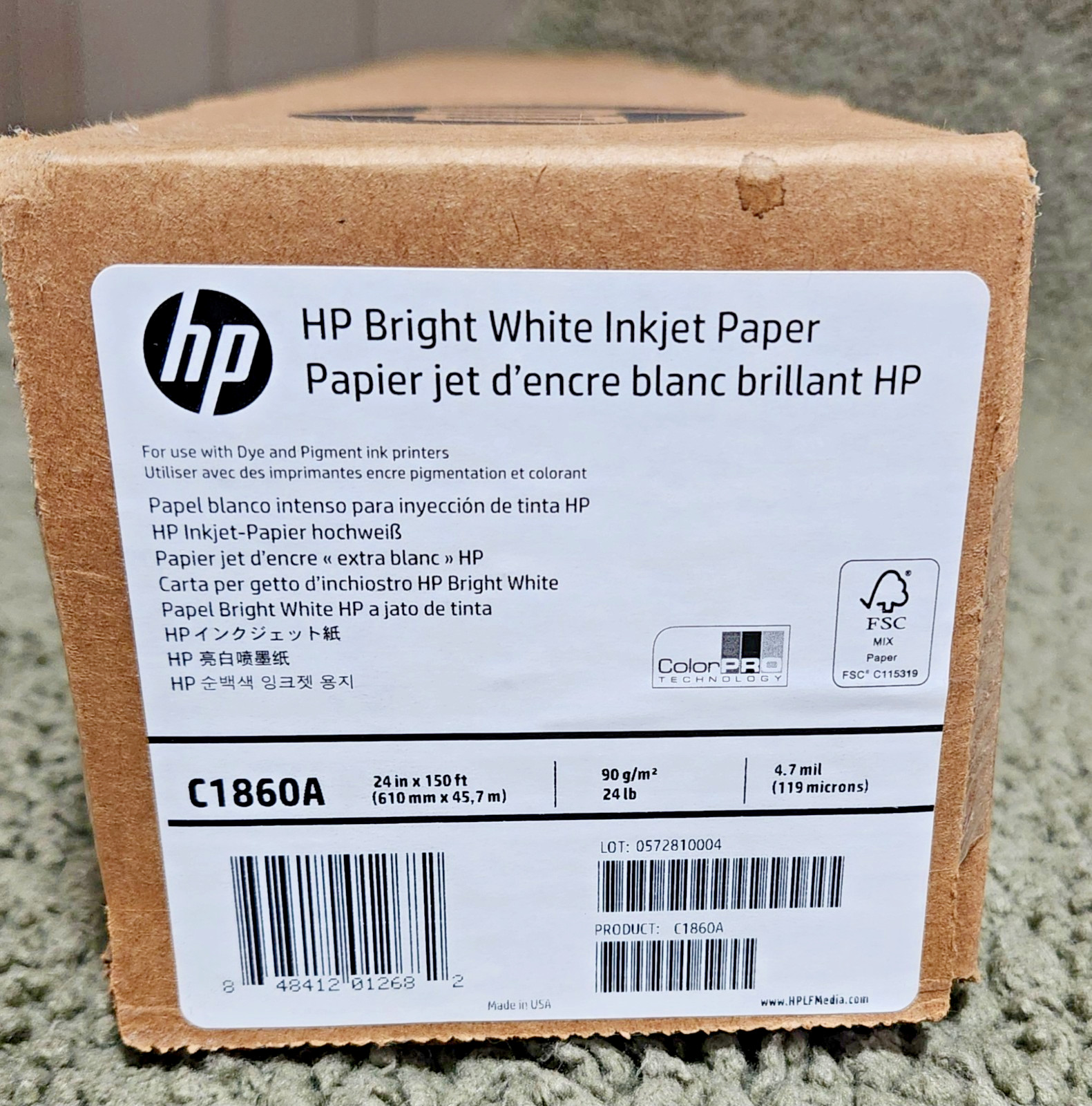 HP Bright White Inkjet Paper roll C6810A 24″ x 150′ New Sealed Box