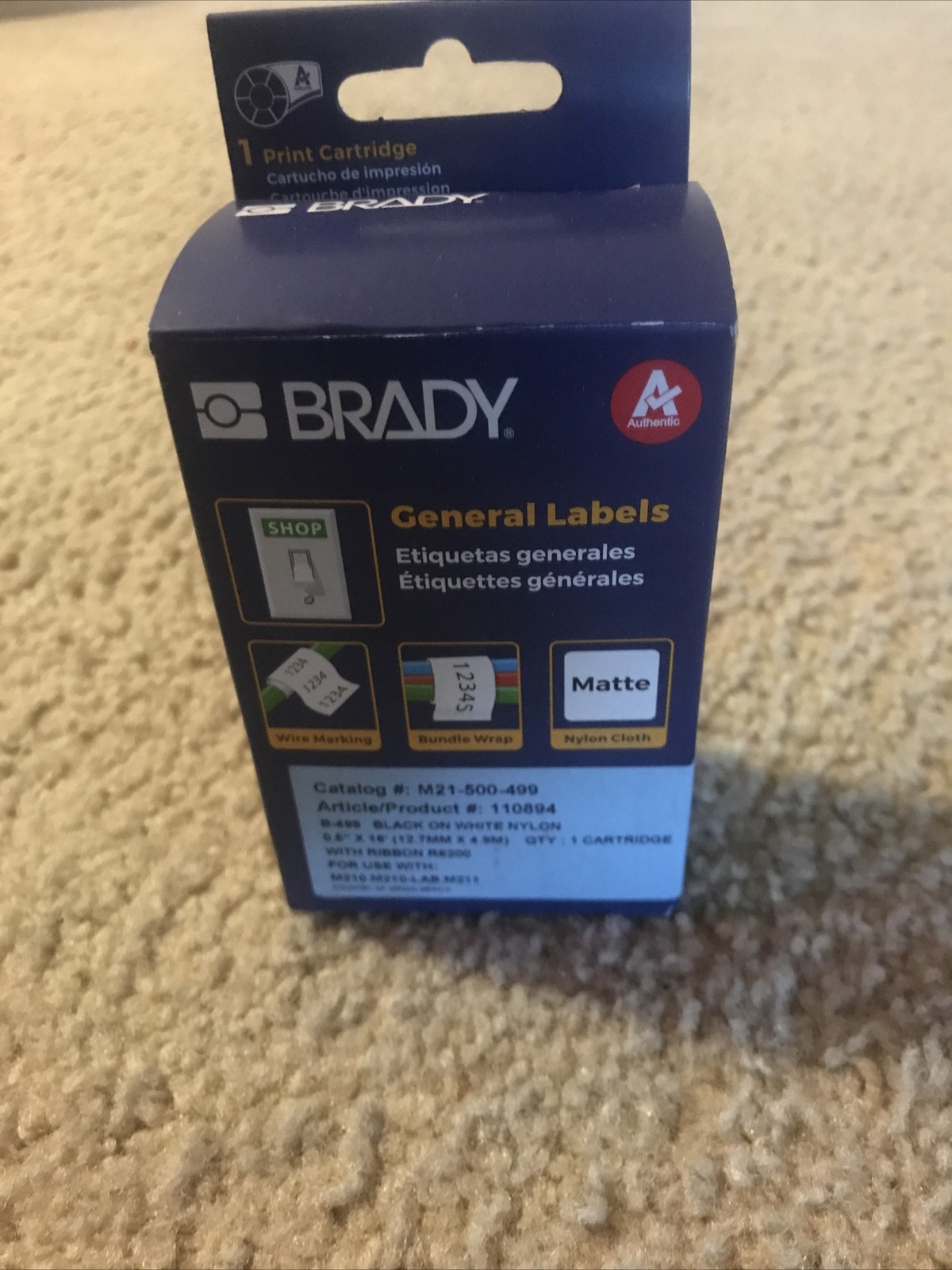 Brady General Labels, Catalog # M21-500-499. Black On White Nylon,
