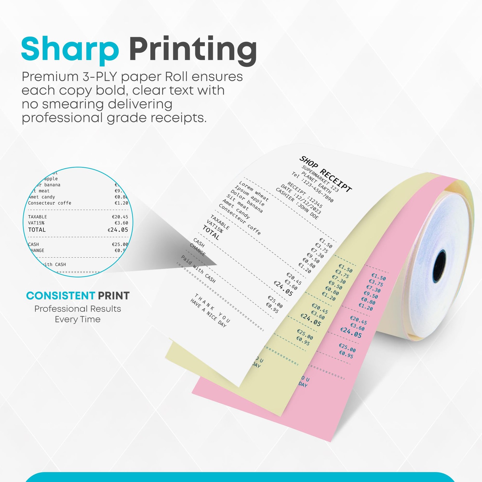 (32 Rolls) 3 Ply Kitchen Printer Paper White/Canary/Pink